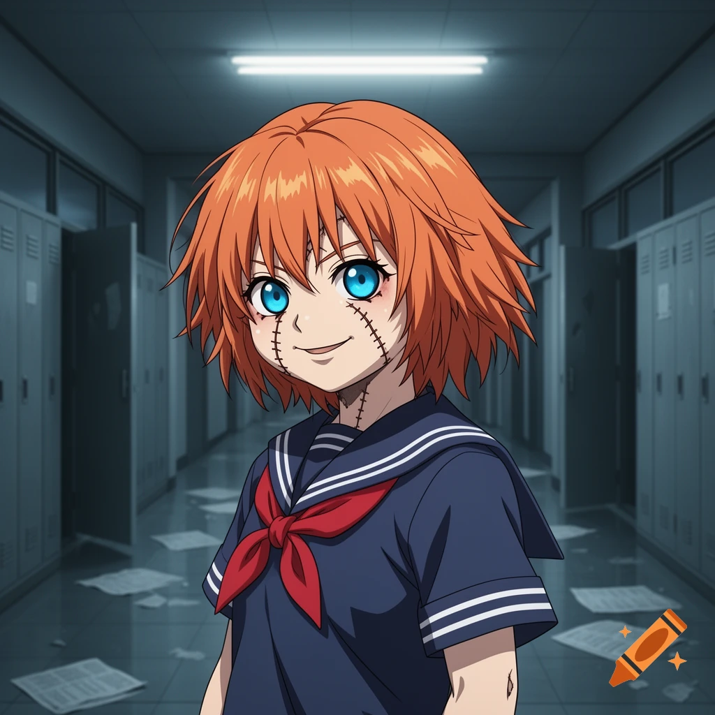 An anime schoolgirl with short orange hair, blue eyes, and stitched facial features smiles eerily in a dimly lit school hallway.