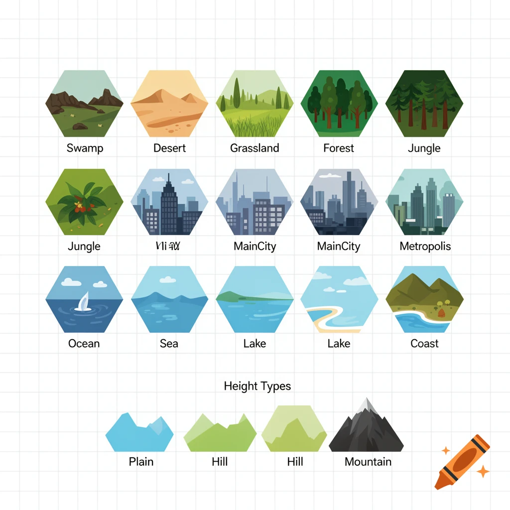 A grid of hexagonal icons depicting various biomes and height types such as swamp, desert, forest, jungle, cityscapes, ocean, lake, and mountains, with text labels.