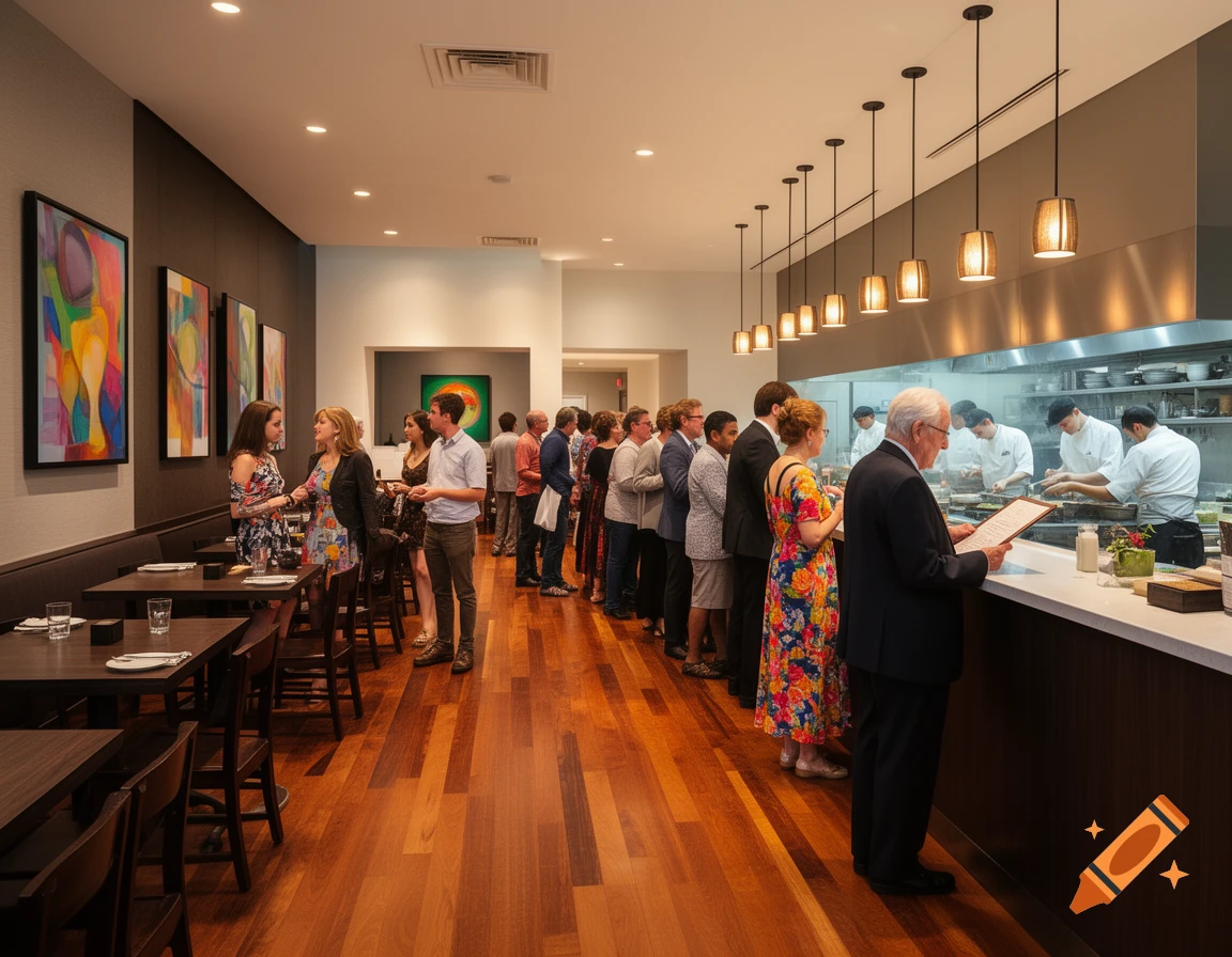 People waiting in line at a modern restaurant with an open kitchen, dark wood floors, and abstract art.