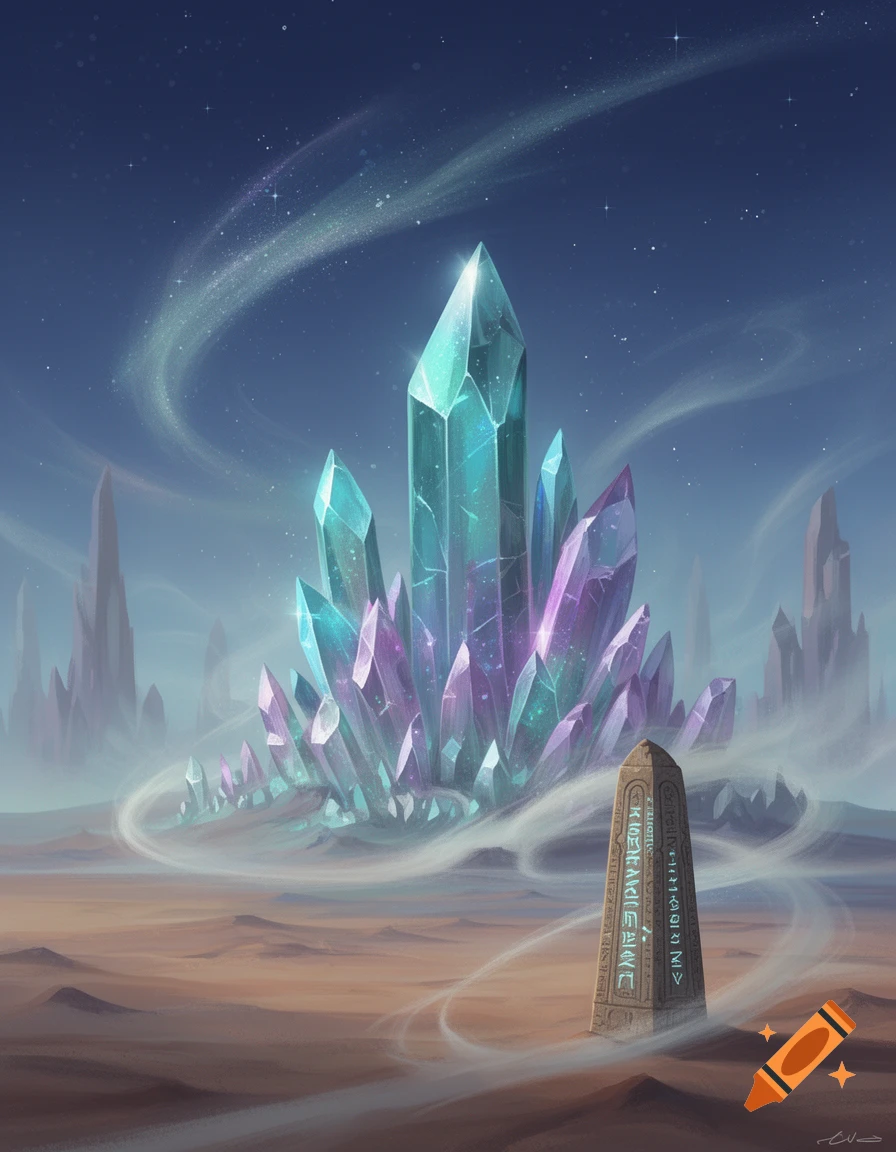A fantasy desert landscape with glowing blue and purple crystals under a starry sky, and a mysterious stone monolith.
