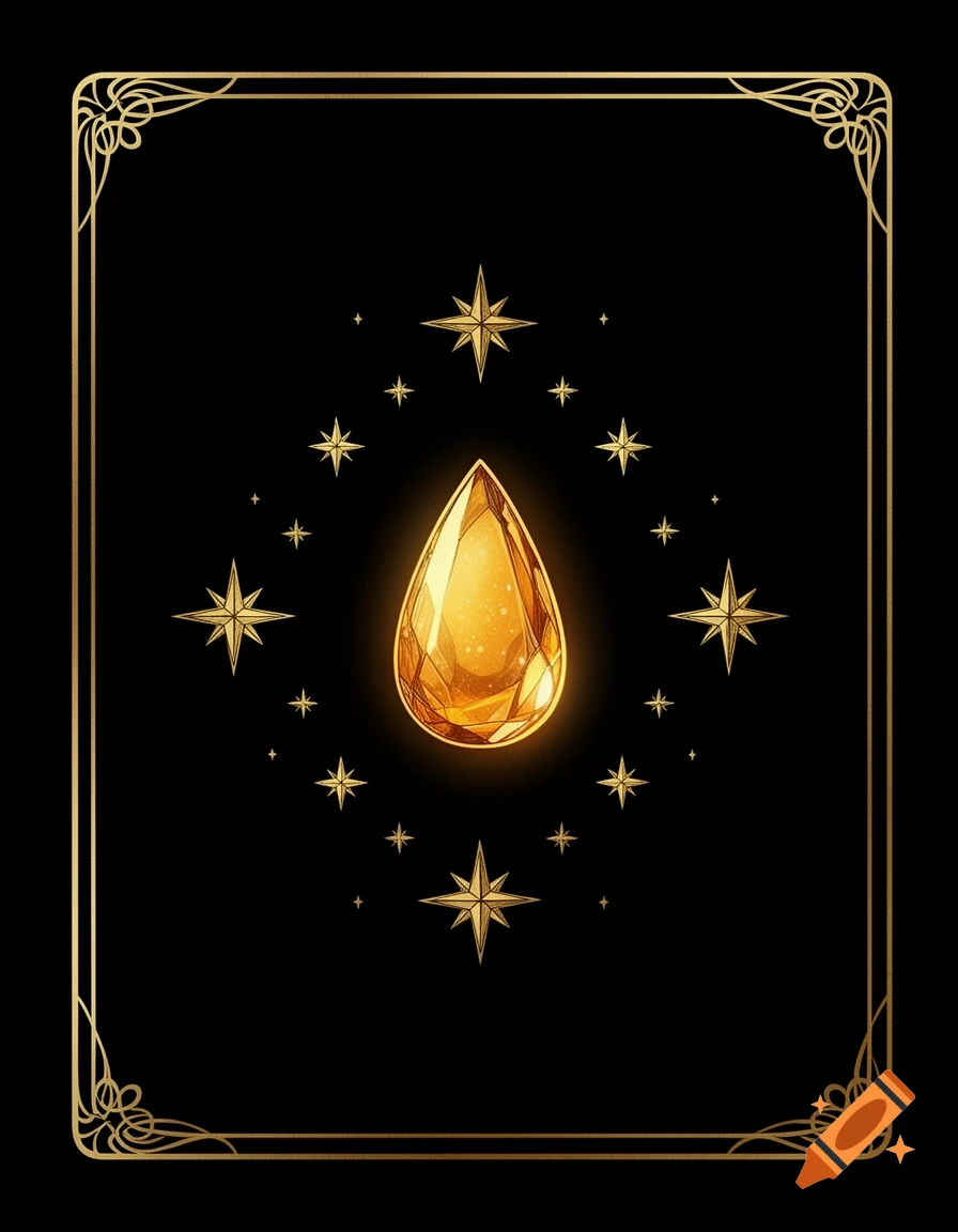 Ornate gold line-art on black, featuring a luminous amber teardrop gem surrounded by stars within a decorative art nouveau border.