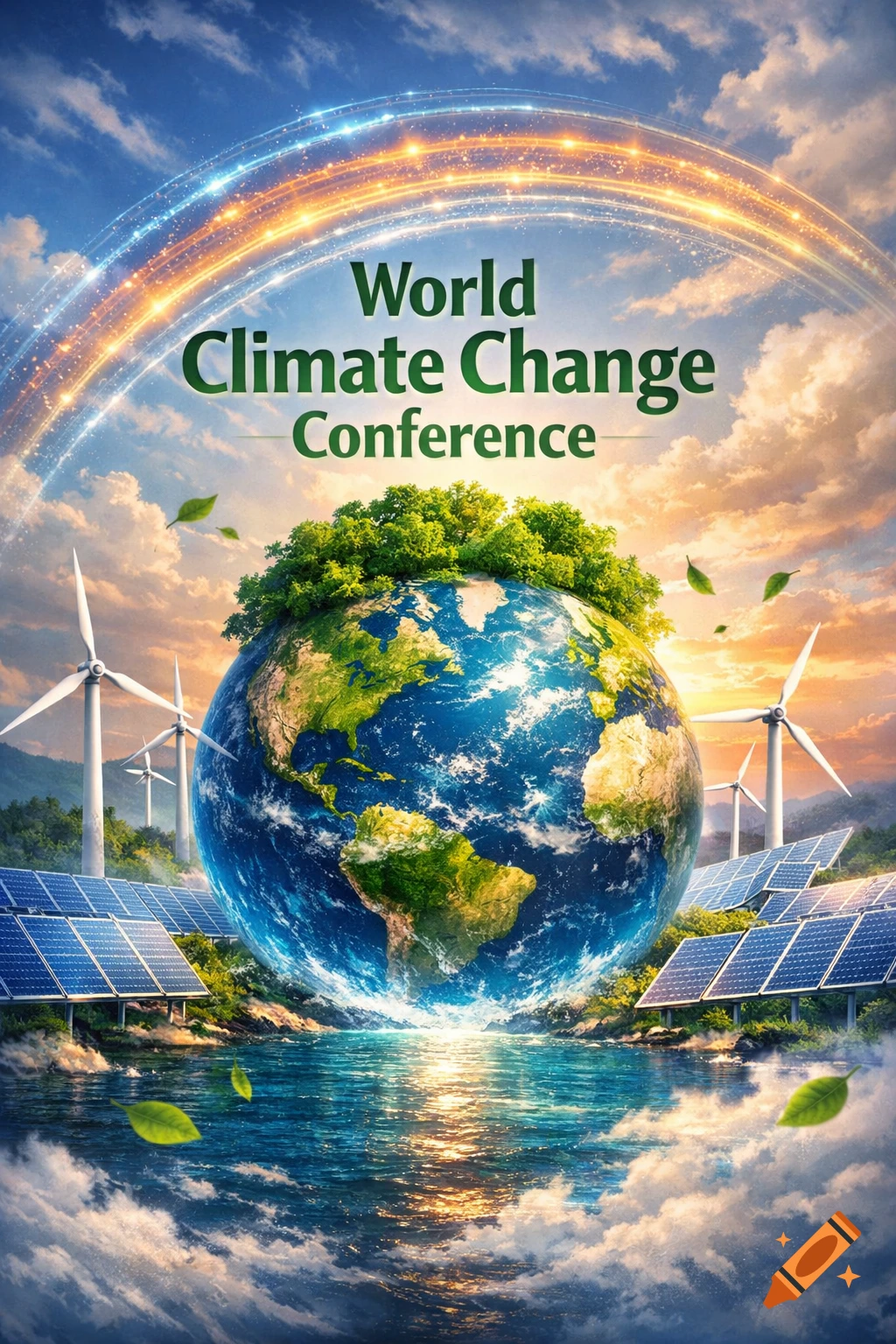Vibrant poster for 'World Climate Change Conference' featuring Earth with green trees, solar panels, wind turbines, and a glowing arch.