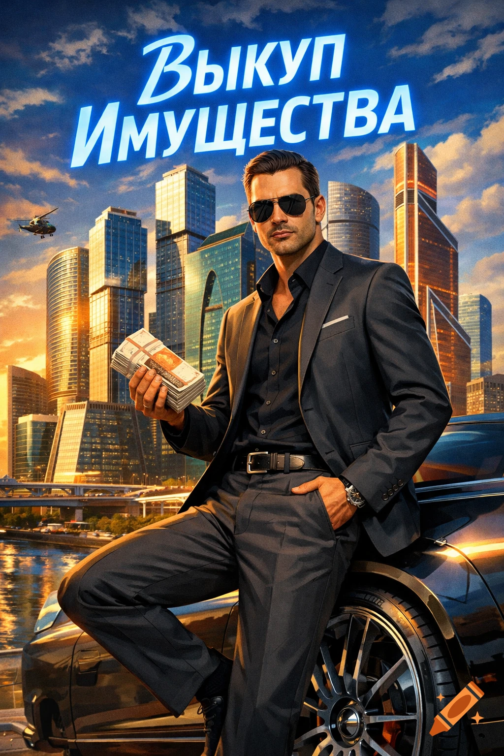 Man in a suit holding money, leaning on a luxury car in front of Moscow City skyscrapers. Text reads 'Выкуп Имущества'.