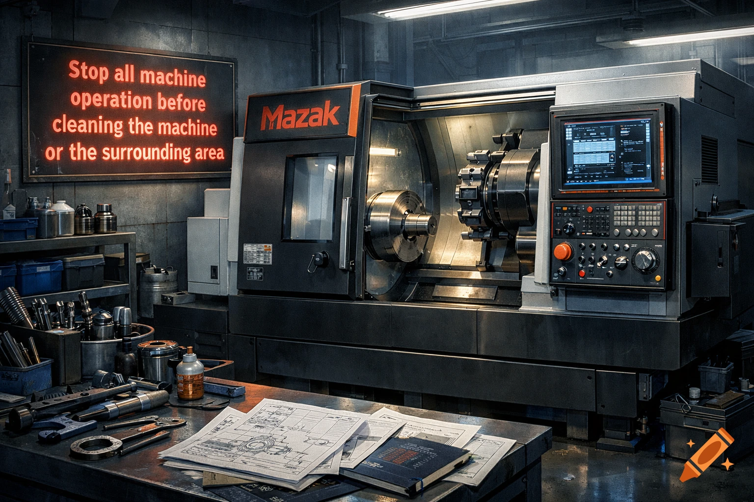 A detailed view of a CNC turning machine by Mazak in an industrial workshop, with a safety sign and engineering blueprints on a workbench.