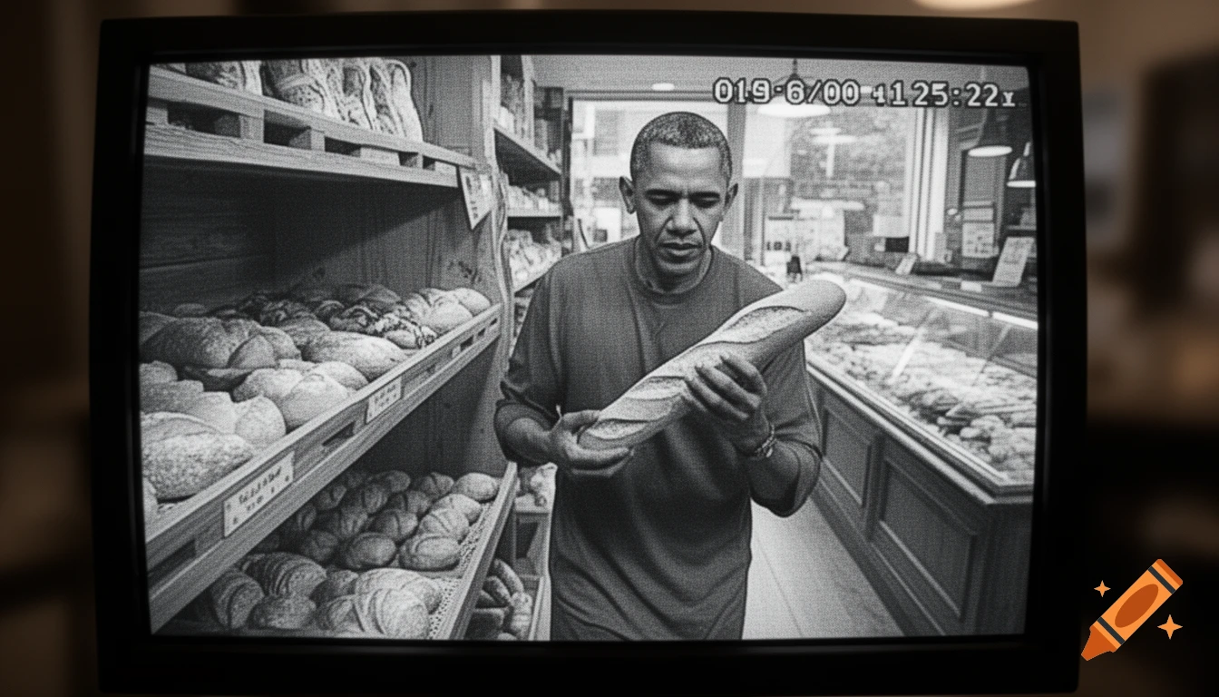 Barack Obama holding a baguette in a black and white, grainy CCTV footage of a bakery.