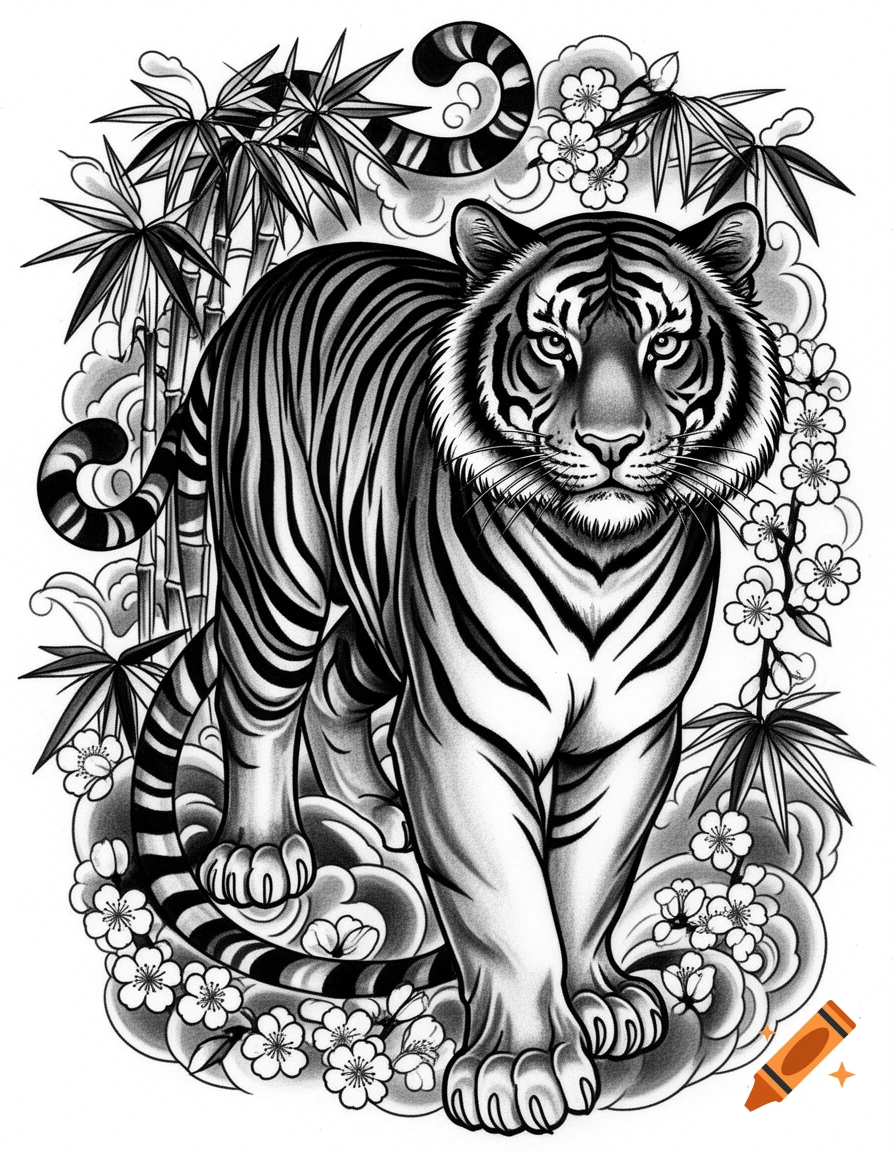 Black and white tattoo-style illustration of a tiger walking forward, surrounded by bamboo and cherry blossoms.