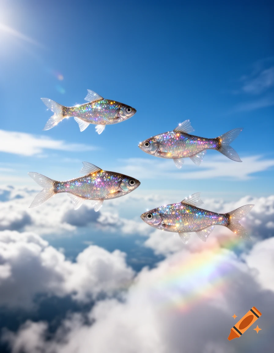 Four glittery fish swim through a bright blue sky filled with white clouds, with sun glare and a rainbow streak.