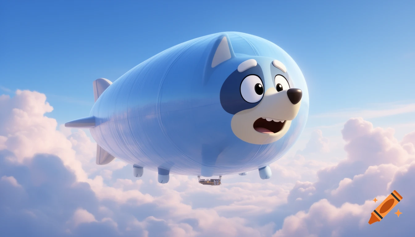 A large blue cartoon blimp shaped like Bluey with a worried expression floats in a clear blue sky amidst fluffy white clouds.