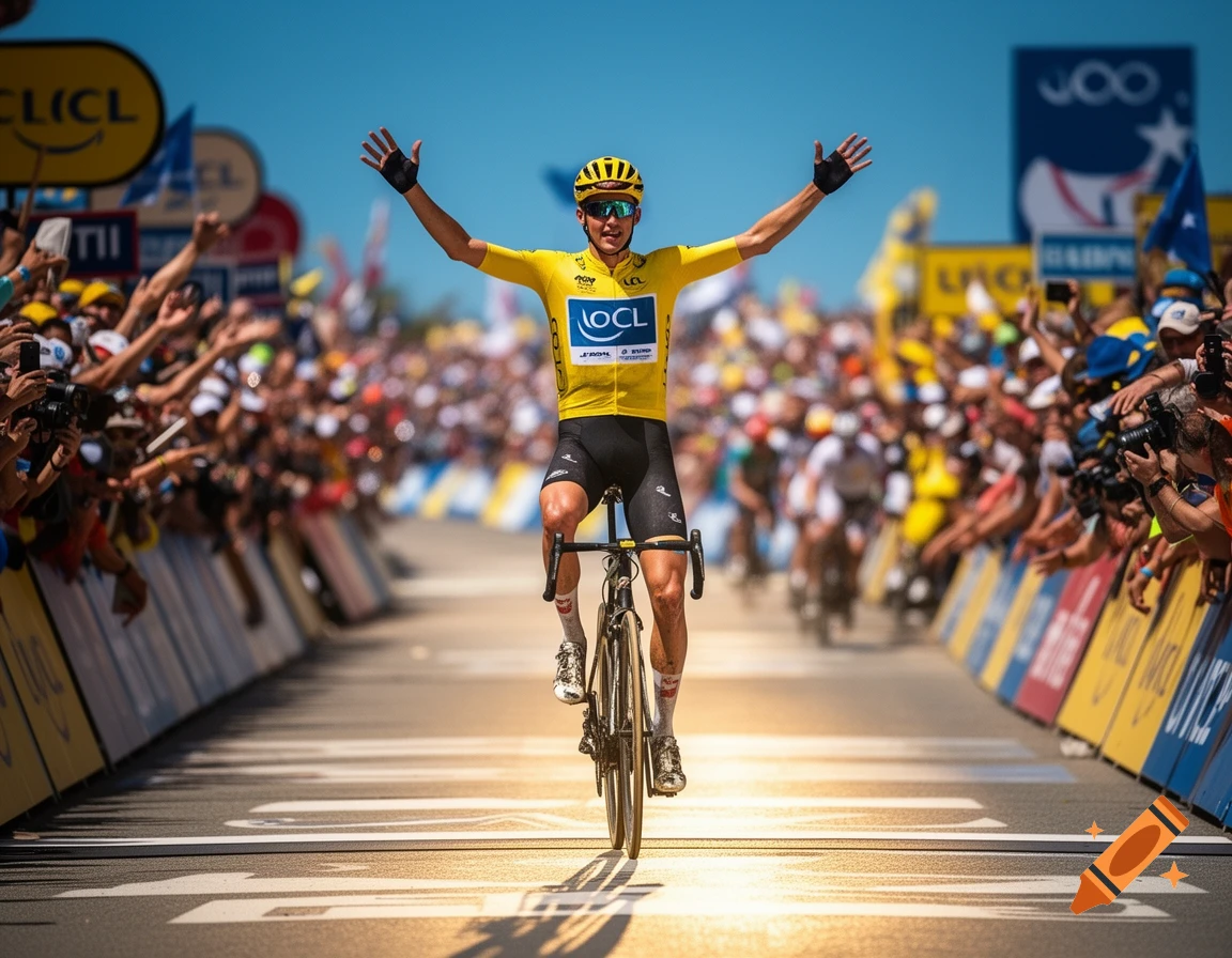 A male cyclist in a yellow leader's jersey crosses the finish line with arms raised in victory, amidst cheering fans.