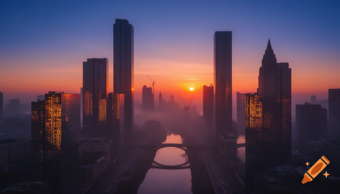 A stunning cityscape at sunrise with tall buildings, a river, and fog under an orange and purple sky.