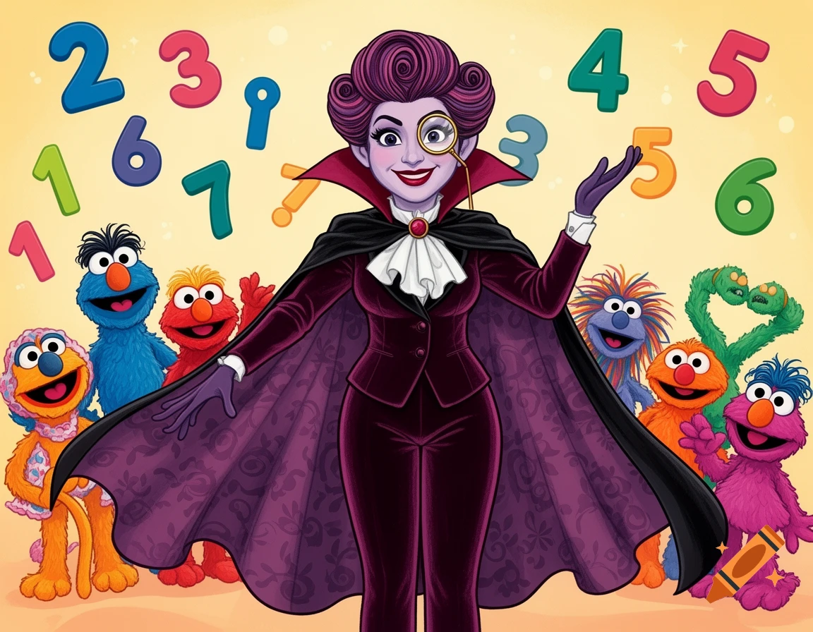 A cartoon image of a female Count von Count from Sesame Street in a purple suit and cape, surrounded by various Muppets and colorful numbers.