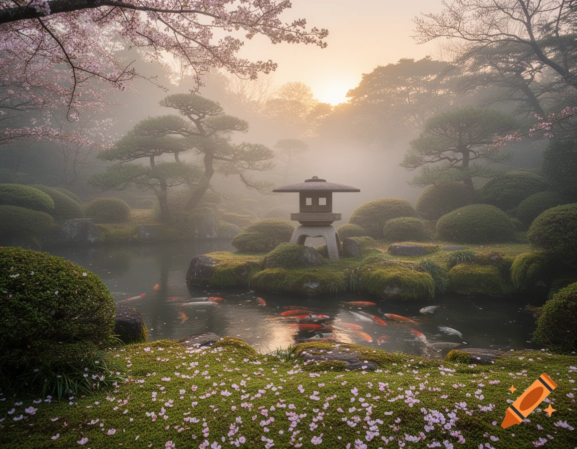 Misty Japanese garden at sunrise with pink cherry blossoms, a stone lantern, and koi fish swimming in a pond.