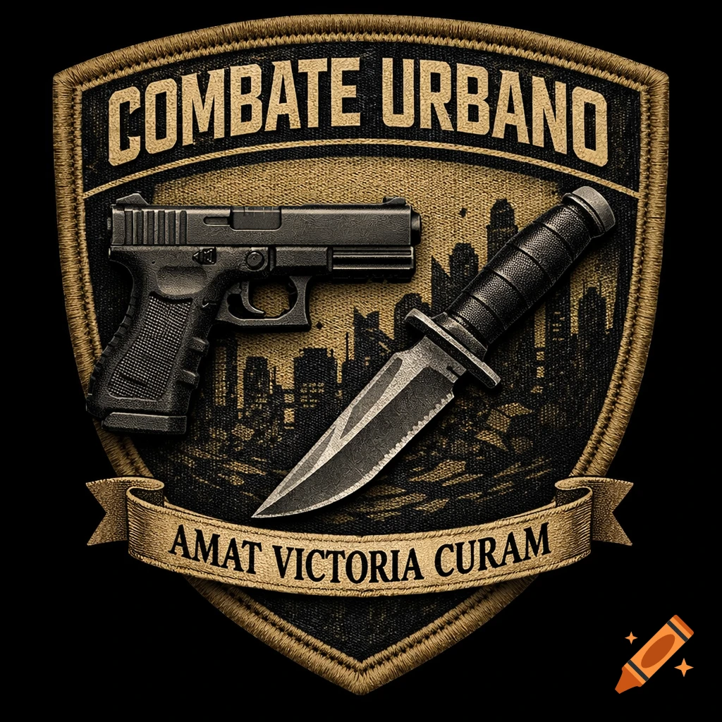 Military-style embroidered patch with a pistol, combat knife, city skyline, and text 'COMBATE URBANO' and 'AMAT VICTORIA CURAM'.
