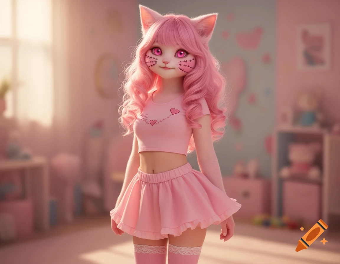 A cute, pink-haired cat-girl with pink eyes and stitched cheeks, wearing a pink crop top, frilly skirt, and thigh-highs in a pink room.