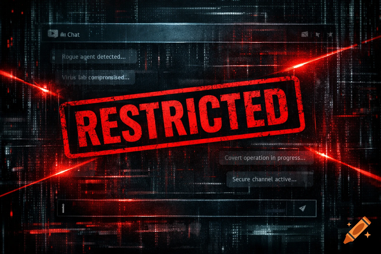 Dark, glitchy AI chat interface with a bold red 'RESTRICTED' stamp and blurred messages about rogue agents and viruses.