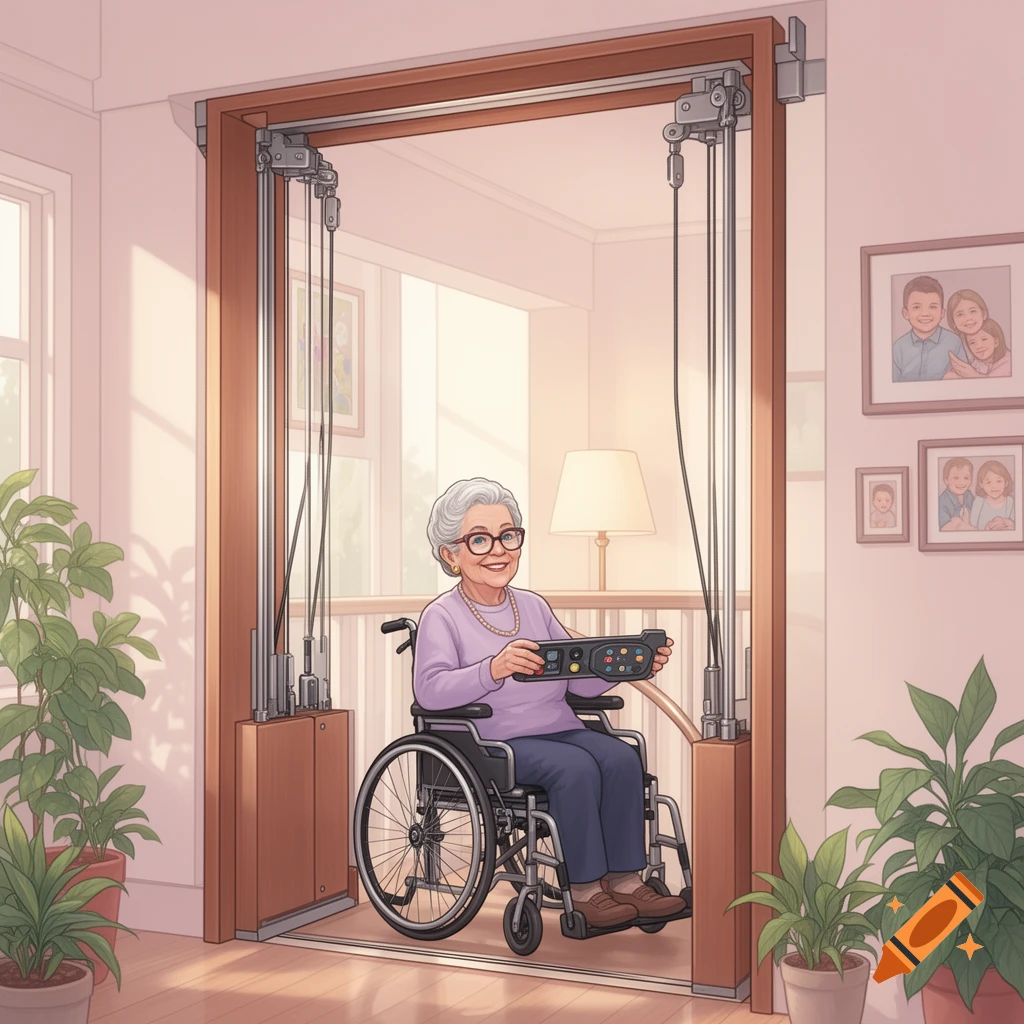 An elderly woman in a wheelchair smiles as she operates a home lift in a brightly lit room.