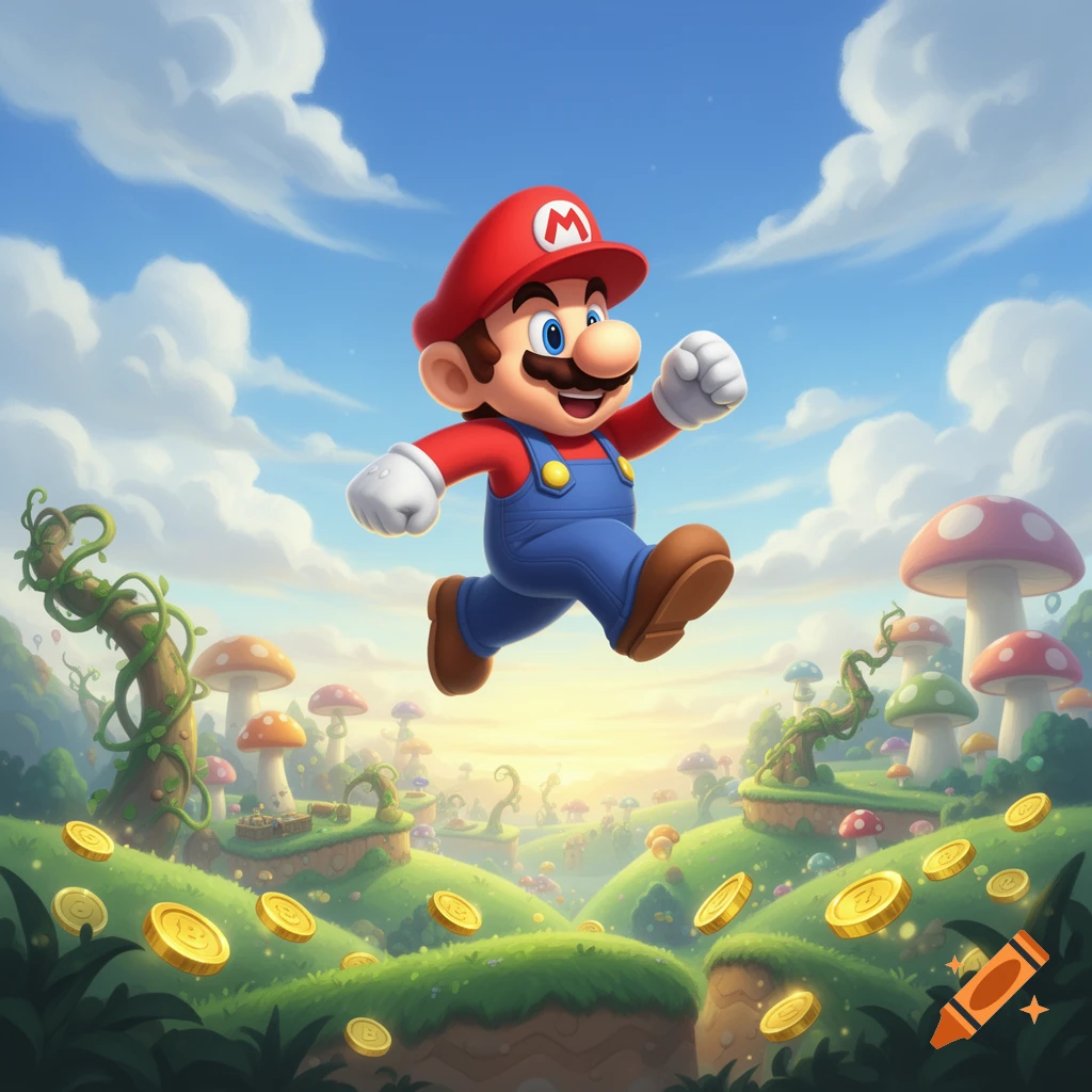 Mario jumps in a vibrant fantasy landscape with green hills, colorful mushrooms, and floating gold coins under a bright blue sky.