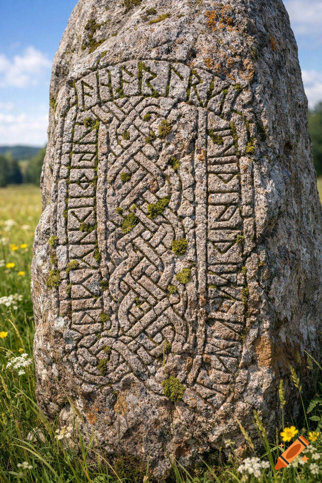 A large, moss-covered runestone with intricate carvings stands in a sunny, grassy field under a blue sky.