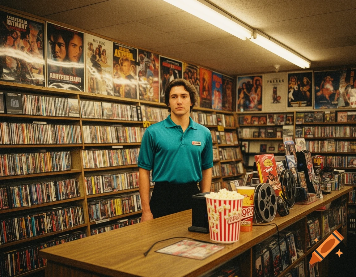 A young man in a teal polo shirt stands behind a counter in a 1990s retro movie rental store, surrounded by shelves of movies and posters.