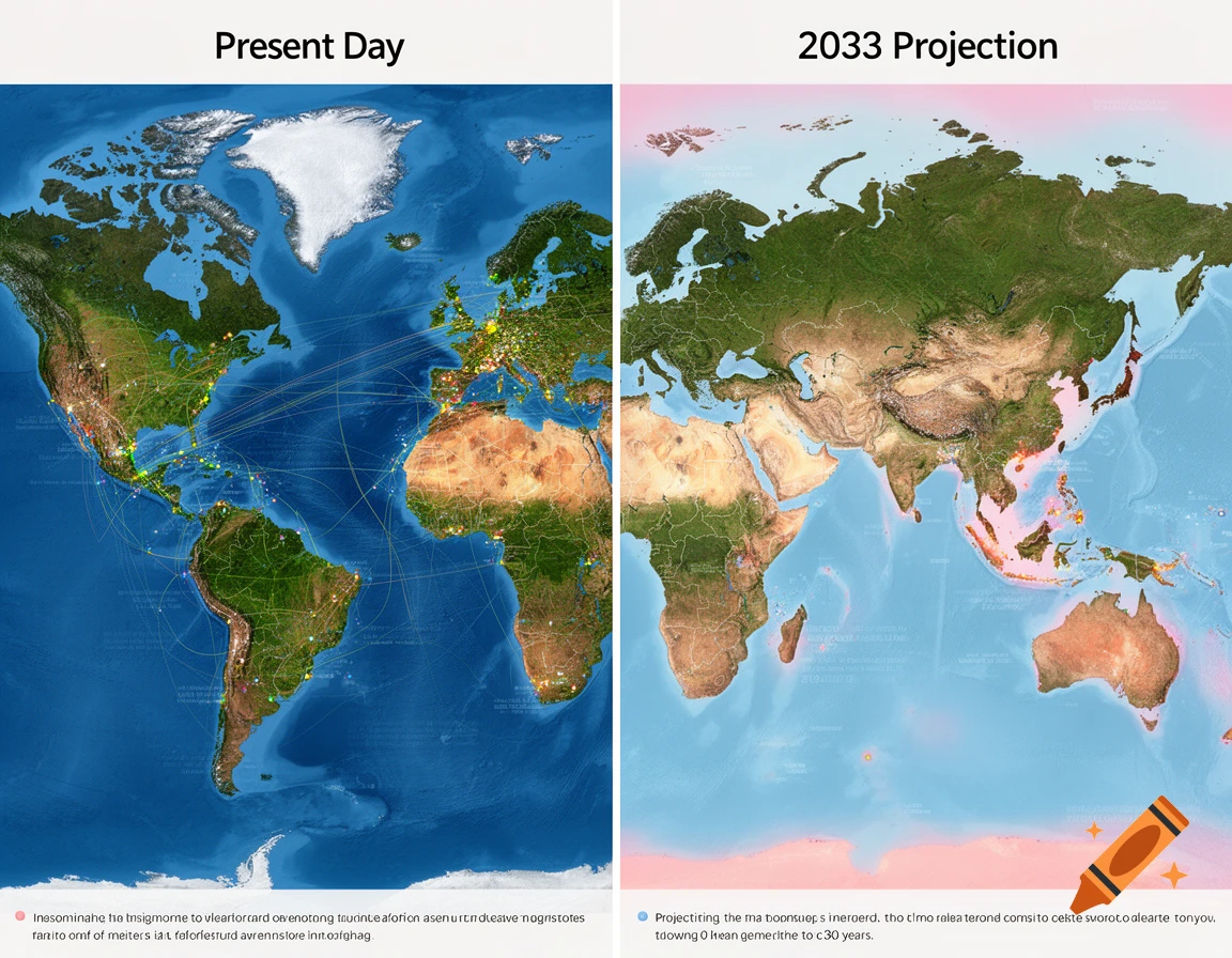 Two world maps side-by-side, one labeled "Present Day" and the other "2033 Projection", showing changes in ice cover and coastal areas.