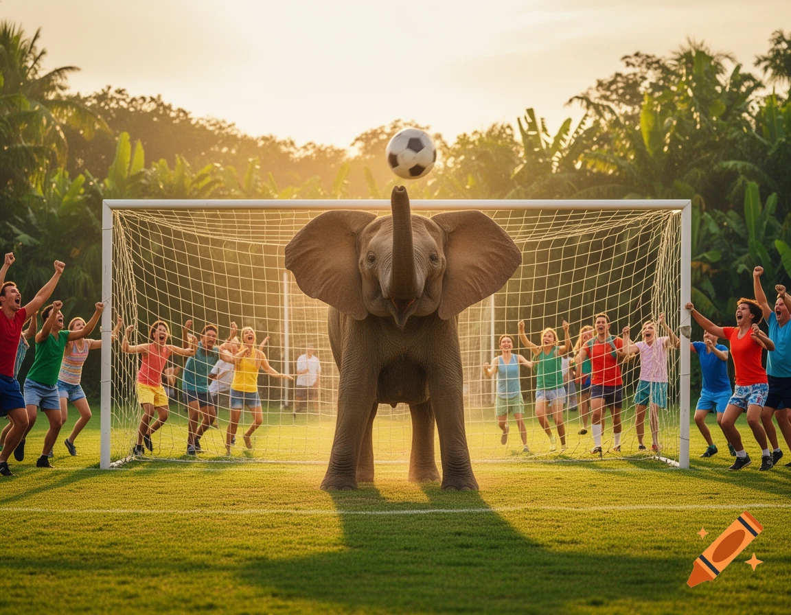 A baby elephant, acting as a soccer goalie, balances a ball on its trunk as a team of people cheer behind the net on a grassy field at sunset.