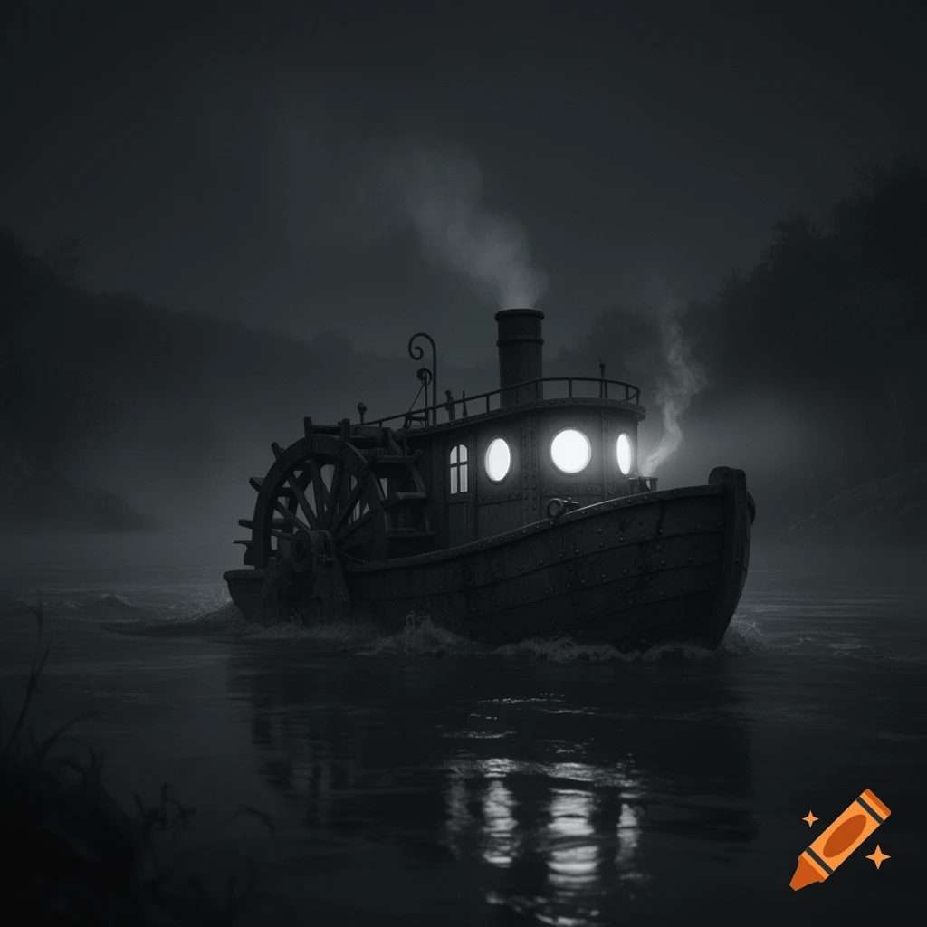 A dark, monochrome image of a vintage steamboat with glowing windows, resembling eyes, steaming through foggy water at night.