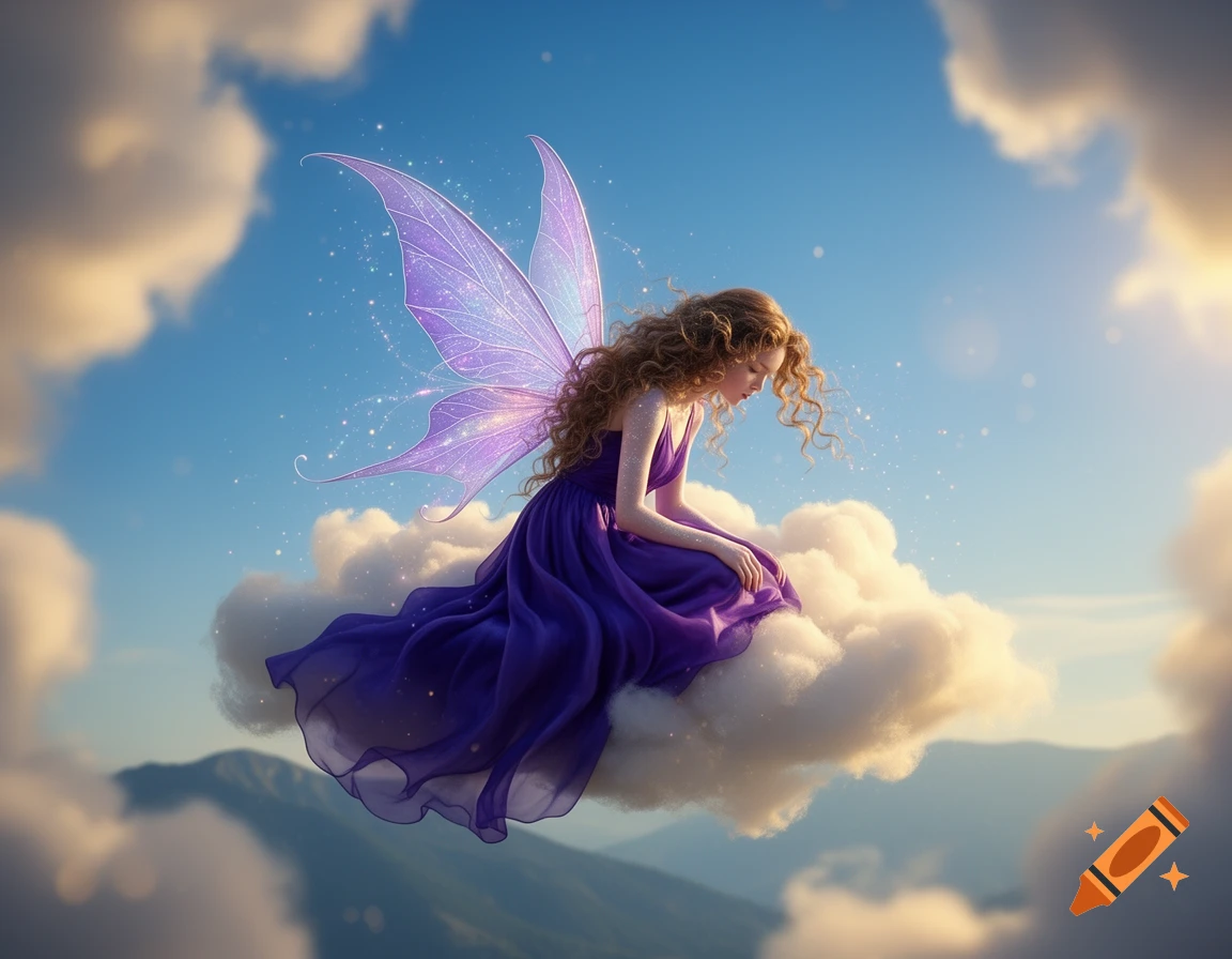 A purple fairy with long curly hair sits gracefully on a fluffy white cloud, high in a bright blue sky with distant mountains.