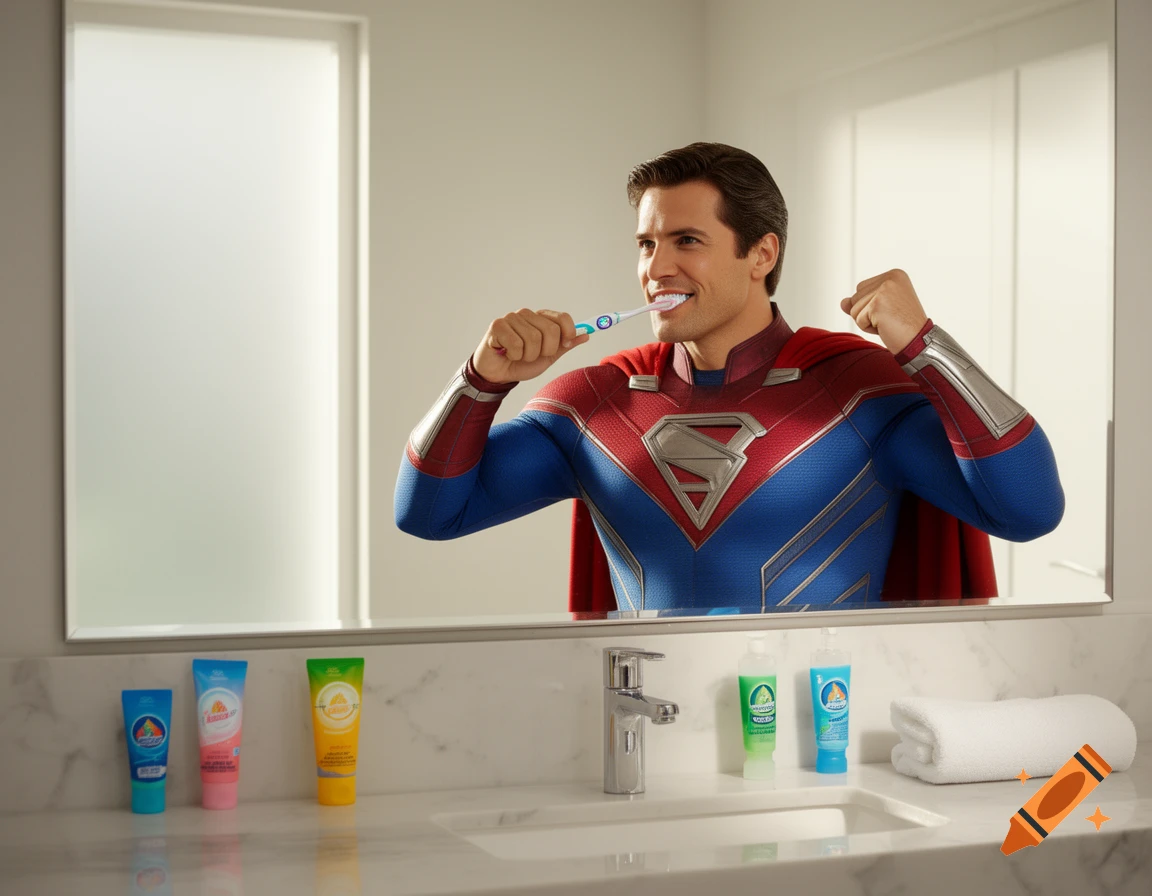 A man in a blue and red superhero suit with a cape brushes his teeth in a bathroom mirror, flexing his arm. Various toiletries are on the counter.