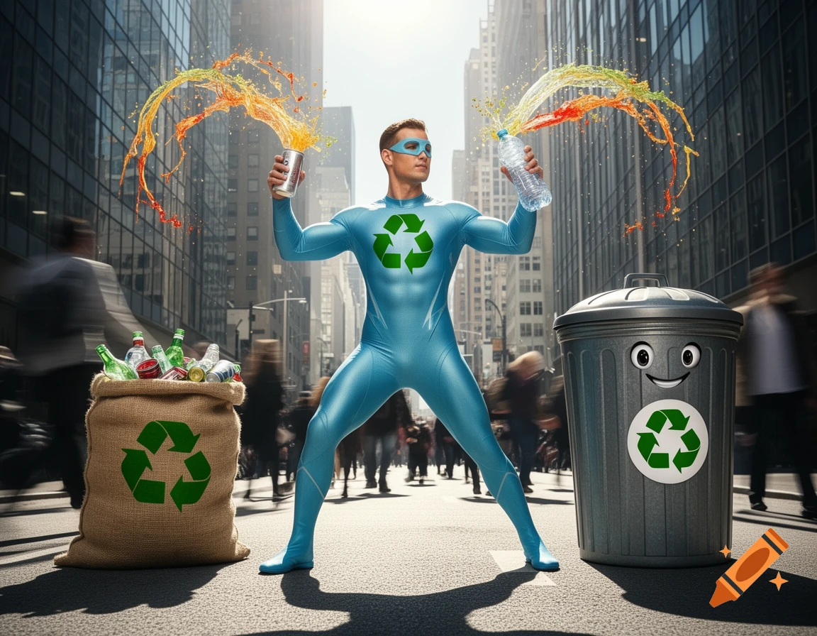 A light blue suited superhero with a recycling symbol on his chest stands in a city street, splashing colorful liquid from two cans. A sack of recyclables and a smiling trash can are nearby.