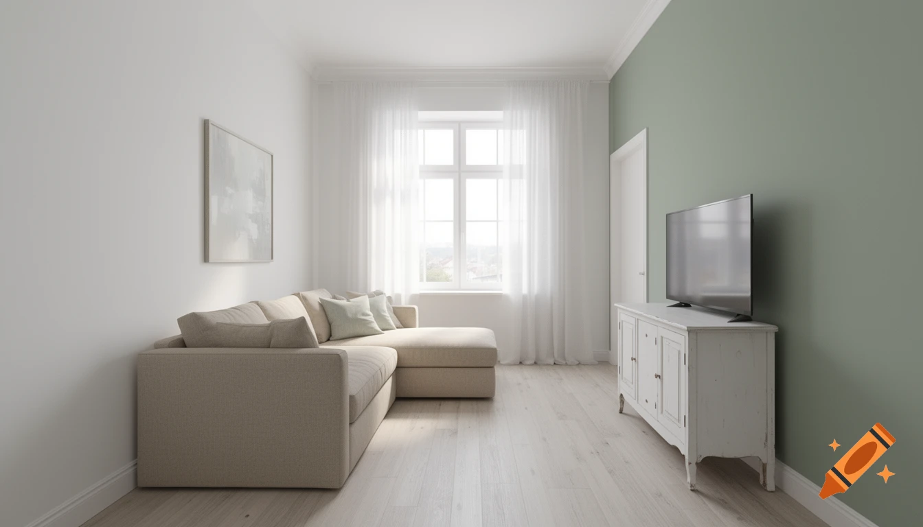 A modern shabby chic living room with a beige L-shaped sofa, white TV cabinet with TV, light wood floor, and a sage green accent wall.