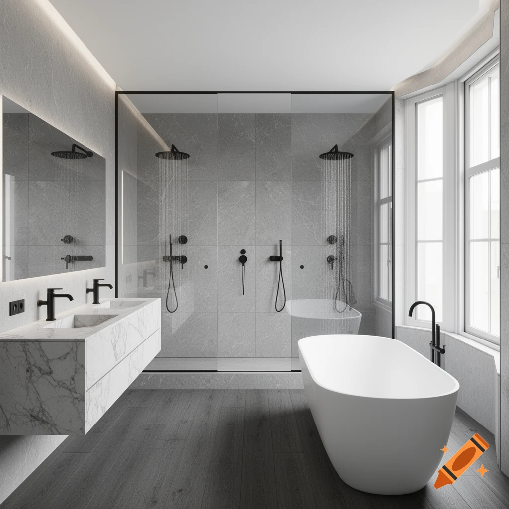 Spacious, modern bathroom with a double walk-in shower, floating marble vanity, and freestanding tub by bay windows.