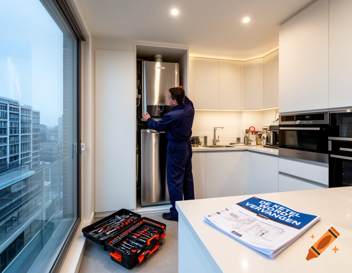 A plumber in a blue uniform works on a boiler in a modern white kitchen, with a toolbox open on the floor and city buildings visible outside a large window.