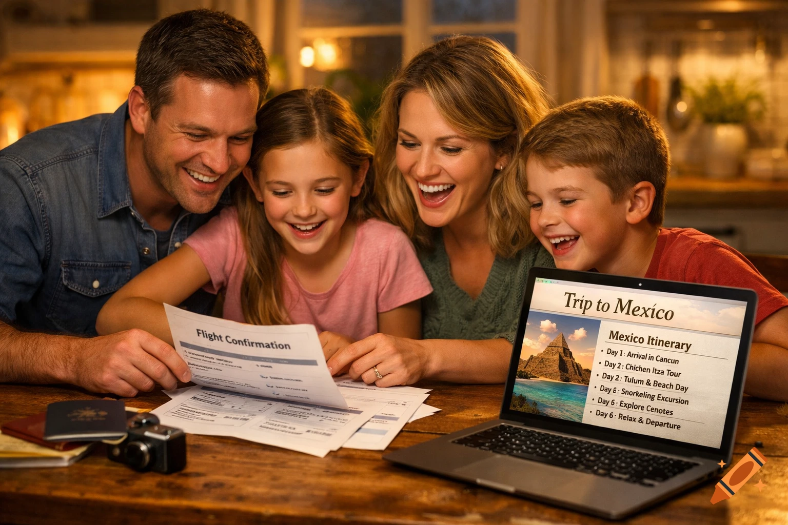 A smiling family gathered around a table, looking at flight confirmation papers and a laptop displaying a Mexico travel itinerary in warm evening light.