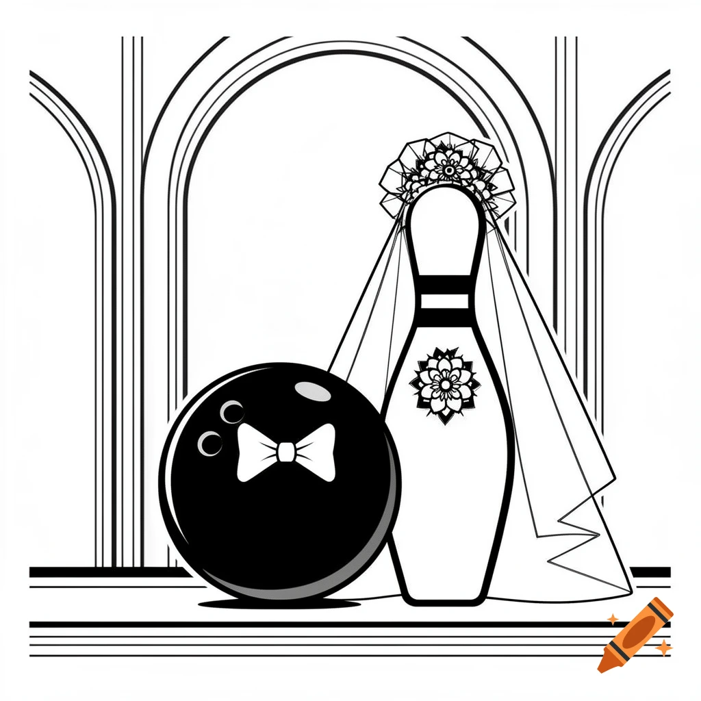 Black and white retro vector illustration of a bowling ball with a bow tie and a bowling pin with a veil, under arches.