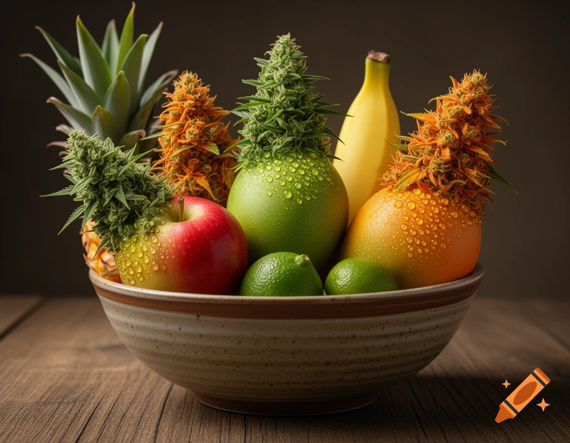 Hyper-realistic still life of fruits in a ceramic bowl, with pineapple, apple, mango, banana, and limes topped with cannabis buds on a wooden table.