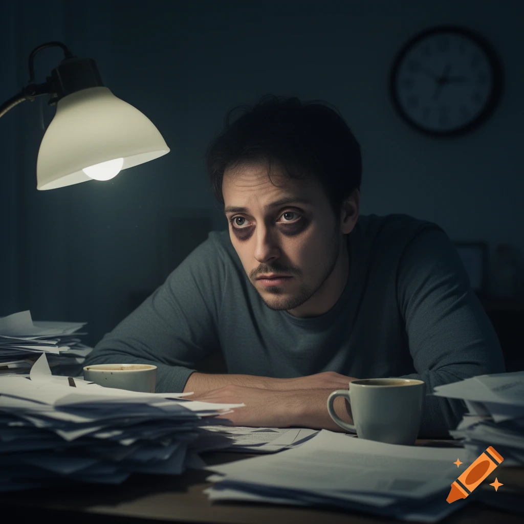 A tired man with dark eye bags sits at a desk full of papers, illuminated by a lamp at night, photorealistic.