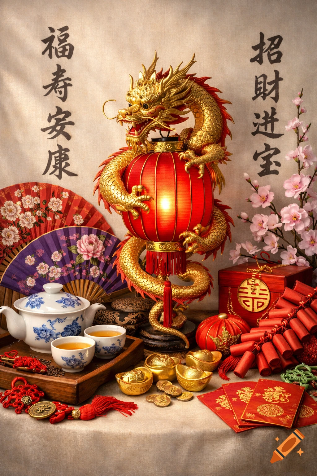 Photorealistic still life with a golden dragon on a red lantern, surrounded by Chinese New Year decorations and calligraphy.