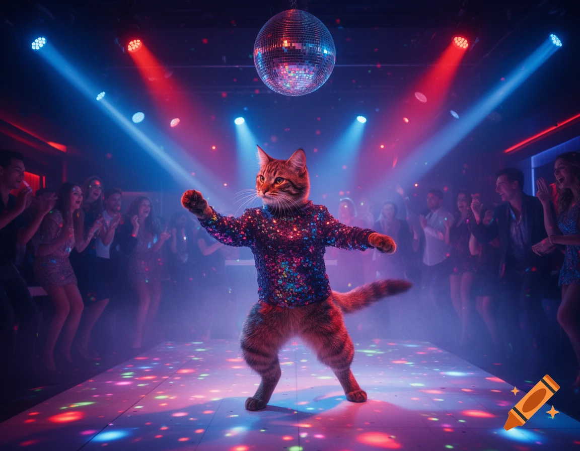 A cat in a sequined shirt dances on a light-up floor under a disco ball in a vibrant club.