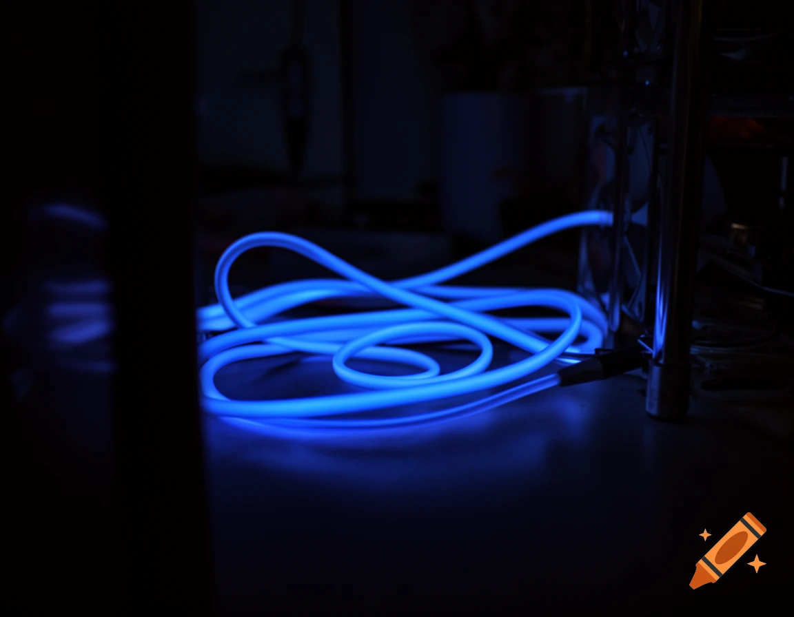 A glowing blue cable coiled on a dark surface in a dimly lit room, with a dark background.