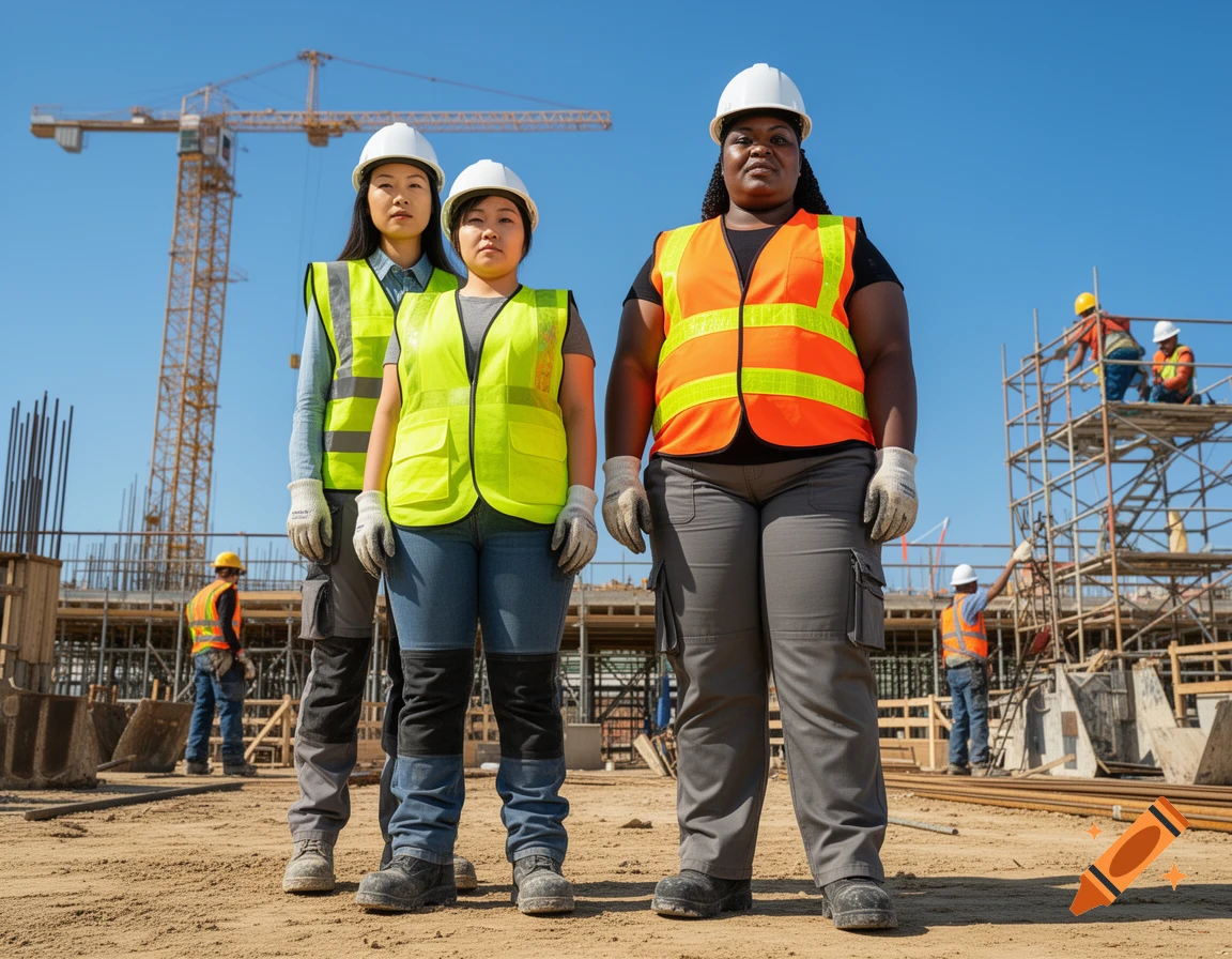 Three diverse women construction workers in hard hats and safety vests stand on a dusty construction site.