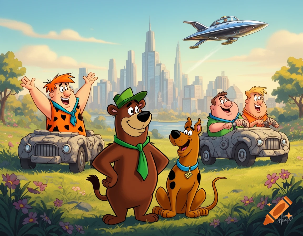 Fred Flintstone, Yogi Bear, Scooby Doo, and two men in stone cars under a flying saucer, in a vibrant cartoon landscape with a city.