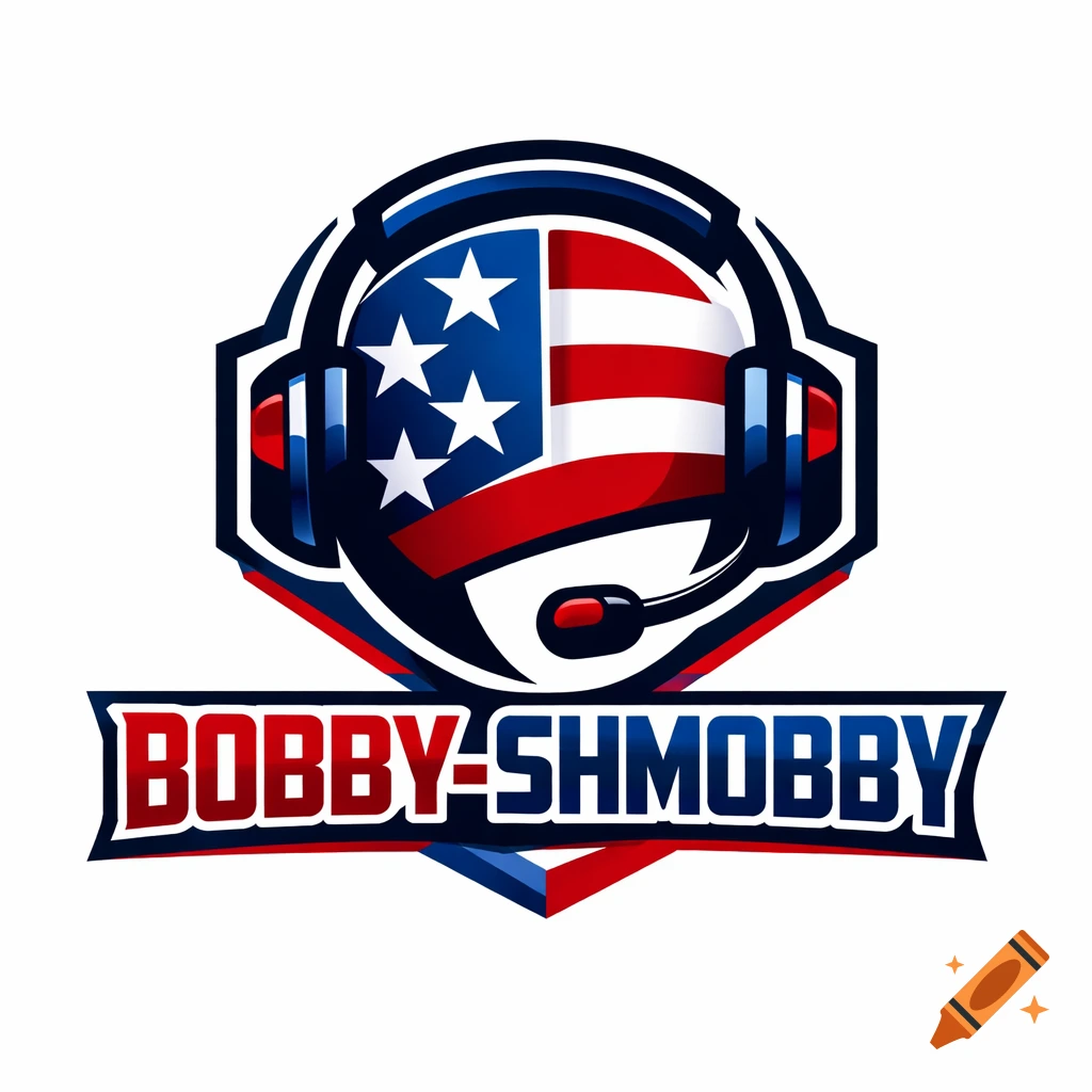 A logo with a headset featuring an American flag design, above bold red and blue text 'BOBBY-SHMOBBY'.