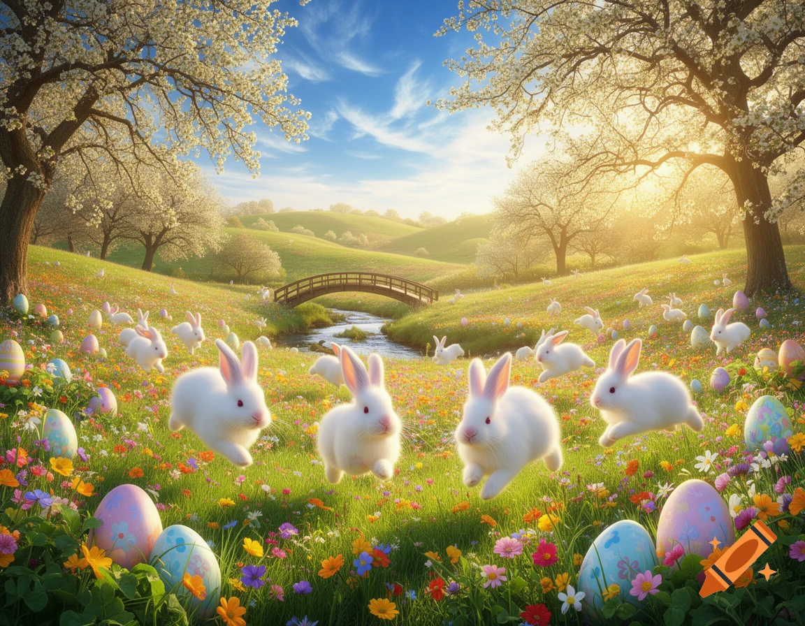 White Easter bunnies and colorful eggs scattered across a sunny, flower-filled spring meadow with a stream and bridge.