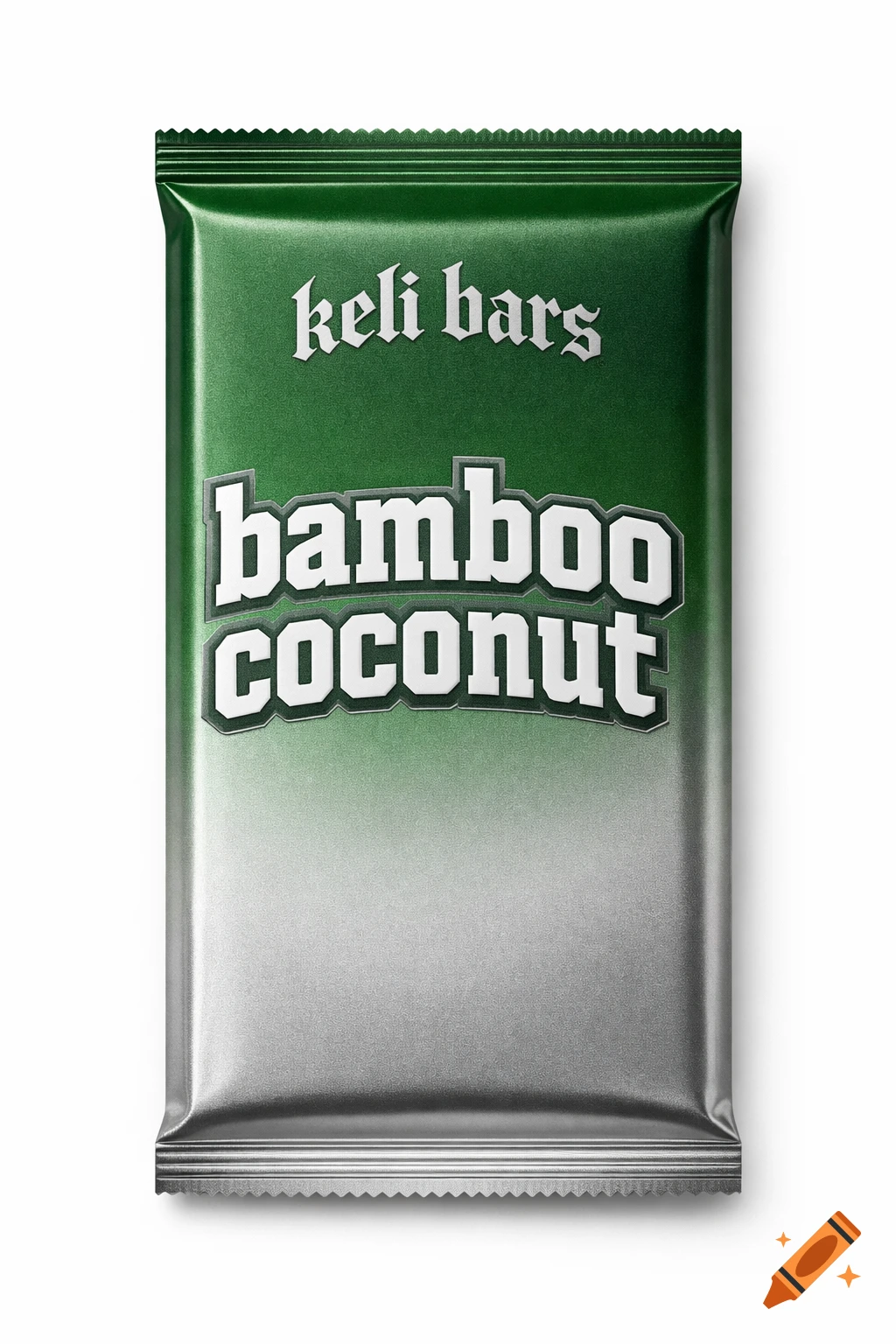A green and silver gradient package for 'keli bars bamboo coconut' in old English and varsity fonts.