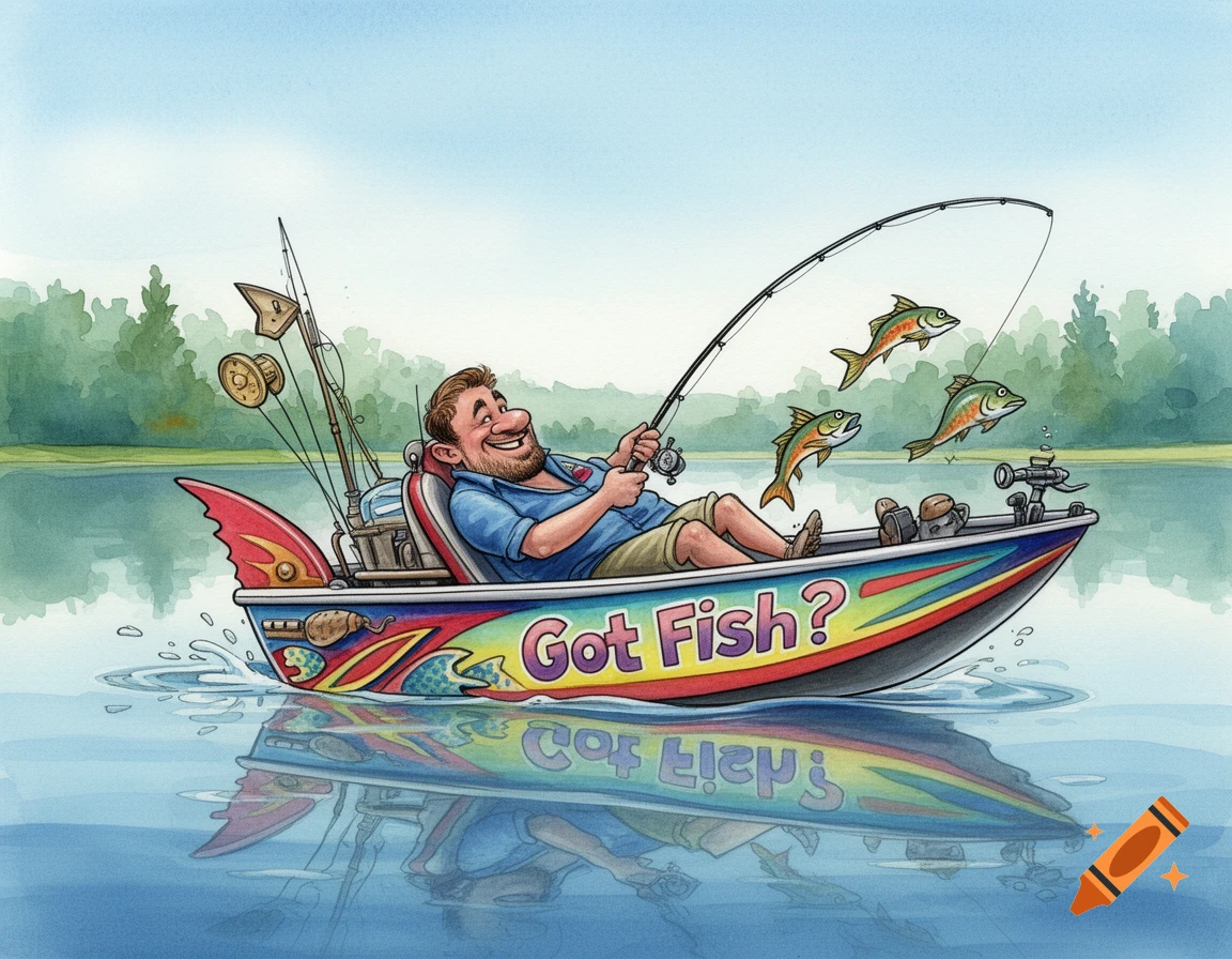 Cartoon illustration of a smiling man fishing from a colorful bass boat on a lake with 'Got Fish?' on the side and three fish jumping from the water.