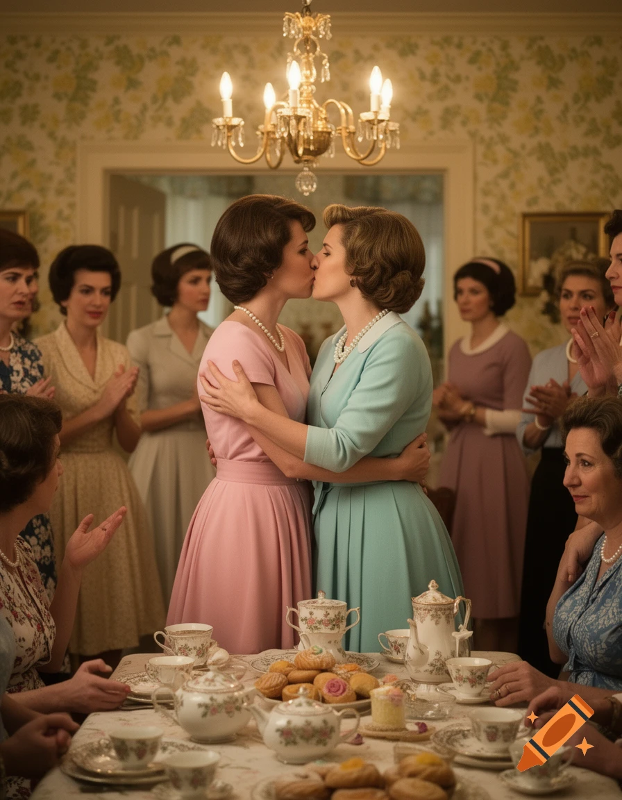 Two women in 1960s dresses share a kiss at a formal tea party while other women watch, photorealistic.