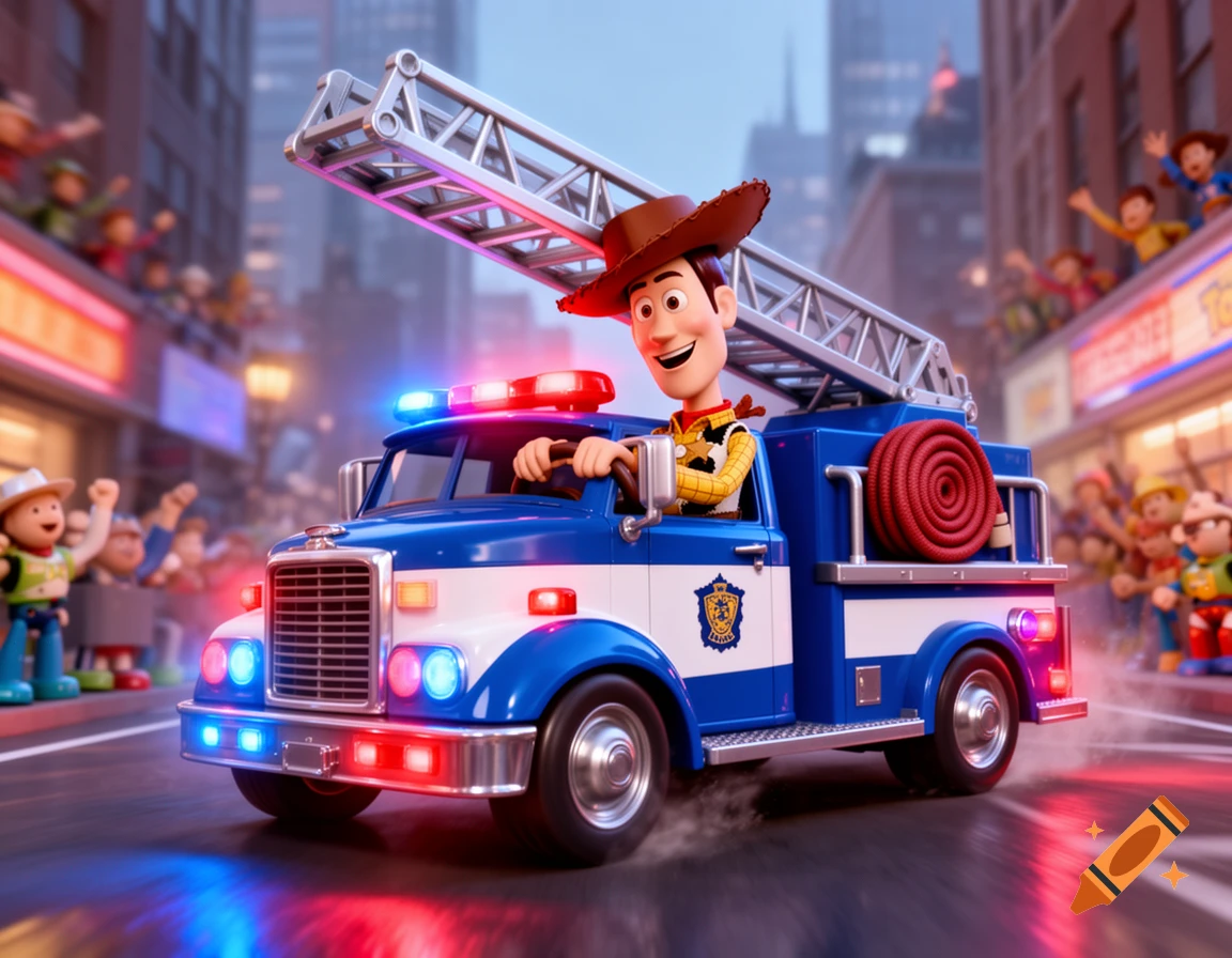 Woody from Toy Story drives a blue and white fire truck with a ladder and hose through a city street, cheered on by cartoon crowds.