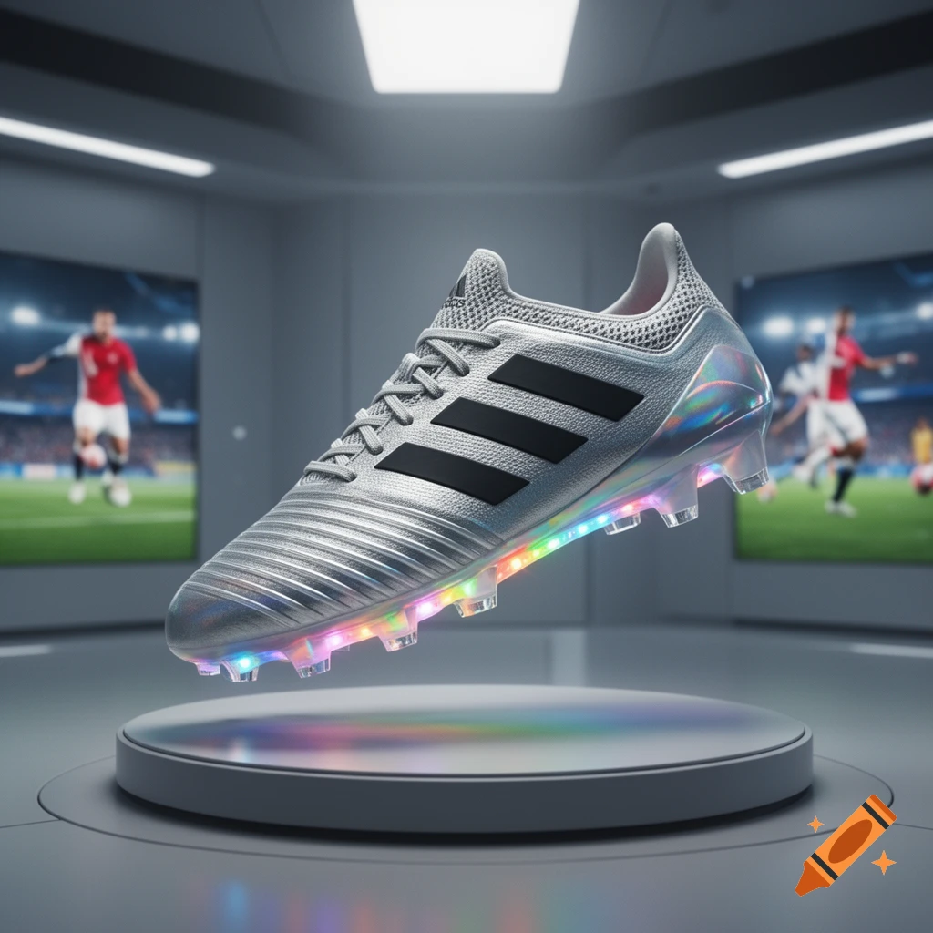 A silver Adidas soccer cleat with a translucent sole, illuminated by rainbow lights, floats above a display platform in a futuristic room with screens showing blurred soccer players.