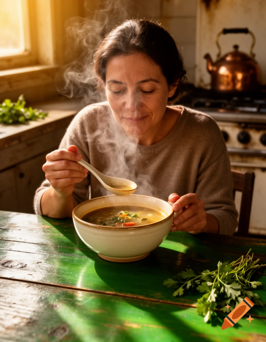 A woman with closed eyes savors a steaming bowl of soup at a green wooden table, bathed in warm sunlight.