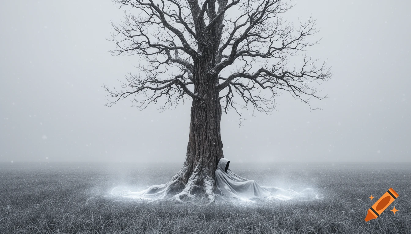 A hooded figure in a gray cloak sits at the base of a large, bare tree in a desolate, snowy field with glowing mist.